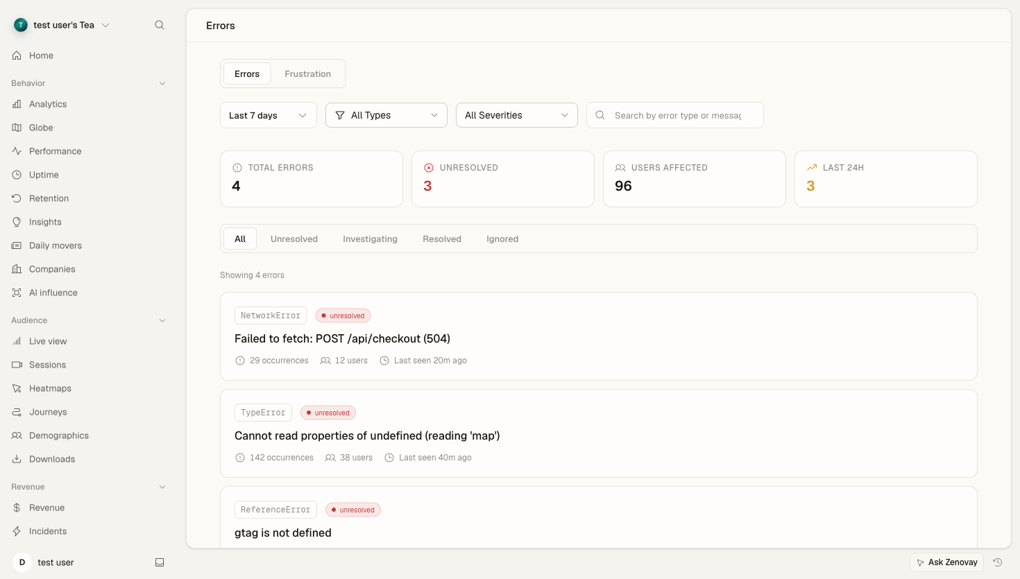 Zenovay Errors dashboard listing grouped JavaScript errors with counts and status.