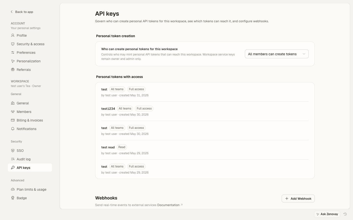 Settings → Account → Security & access page showing the API keys card with existing keys and a Create API key button