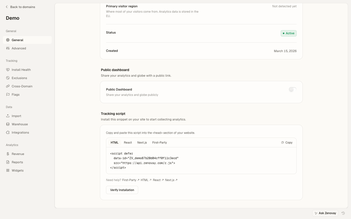 The Zenovay tracking-code card showing HTML, React, Next.js, and First-Party install tabs with a copy button and an install verification button.